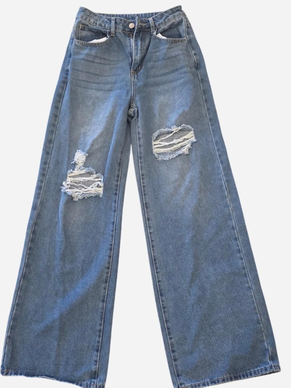 Wide Leg Distressed Women’s Jeans - Blue